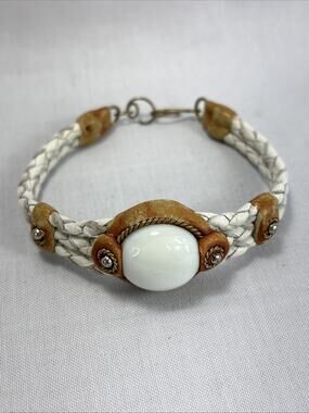 Boho Hippie White Braided Leather Brass With Cabochon Stone Bracelet